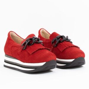 Softwaves Cadie Women’s Red Suede Wedge Sneakers Fringe Chain 8 8.5 39